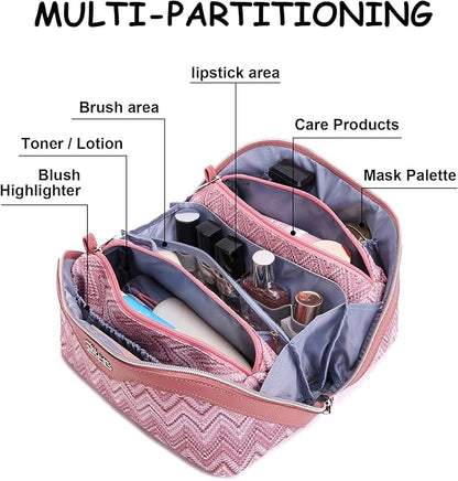 BOYATU Travel Makeup Bag for Women: Western Boho Make up Bag Set of 3 - Large Capacity Vegan Leather Cosmetic Bag - Waterproof Toiletry Bag with Compartments & Handle & Divider(J-5-Red)