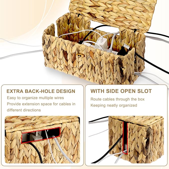 BTSKY Woven Cable Management Box with Lid, Water Hyacinth Cord Organizer for Desk, Cable Organizer Box with 2-Open Slots to Hide Power Strips USB Hubs for Home & Office, Pet Proofing Cord Basket, L