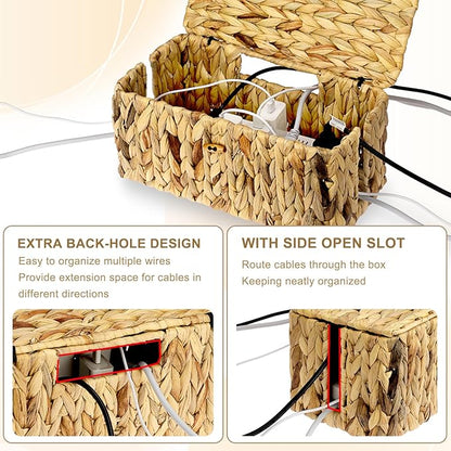 BTSKY Woven Cable Management Box with Lid, Water Hyacinth Cord Organizer for Desk, Cable Organizer Box with 2-Open Slots to Hide Power Strips USB Hubs for Home & Office, Pet Proofing Cord Basket, L