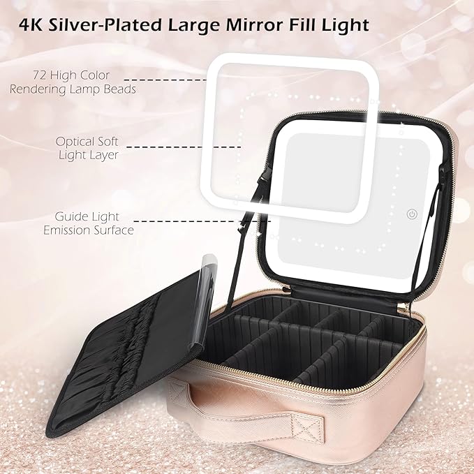 MOMIRA Travel Makeup Bag Cosmetic Bag Makeup Organizer Bag with Lighted Mirror, Adjustable Brightness in 3 Color Scenarios, Waterproof Makeup Train Case, Gift for Women - Champagne