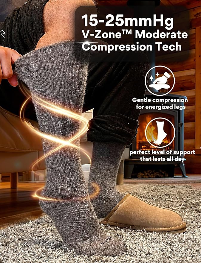 Alpaca Wool Heavyweight Knee High Compression Socks, Thick Winter Thermal Warm Soft Circulation Travel Flying