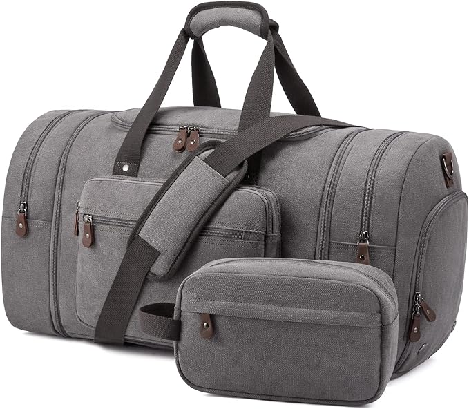 Sucipi Canvas Travel Duffel Bag for Men, Weekend Overnight Bag with Shoe Compartment and Toiletry Bag, Carry-On for Airplanes, Graphite Grey