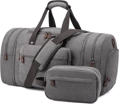 Sucipi Canvas Travel Duffel Bag for Men, Weekend Overnight Bag with Shoe Compartment and Toiletry Bag, Carry-On for Airplanes, Graphite Grey