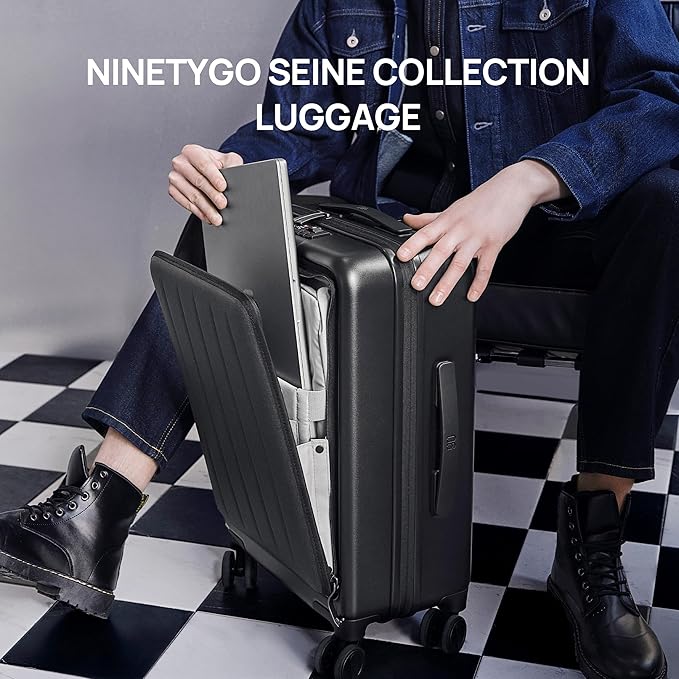 NINETYGO Carry on Luggage 22X14X9 Airline Approved with Front Pocket, 20 Inch Luggage with Front Compartment, Expandable, Double Spinner Wheels, Hardsided PC, TSA Lock (Black, Seine Max)