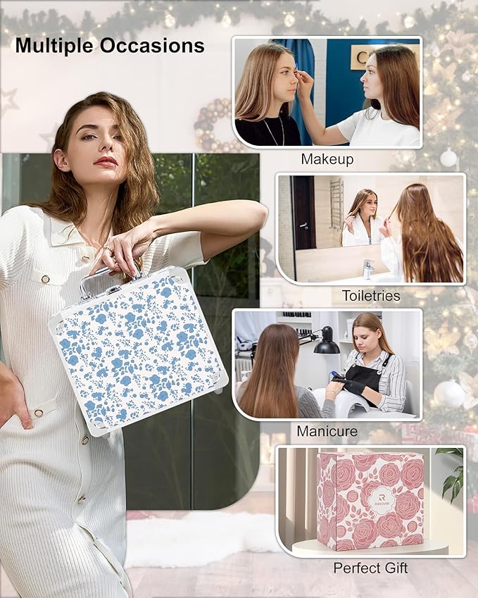 Relavel Makeup Bag with LED Mirror, Makeup Box Travel Train Case with Rechargeable Lighted Mirror, Cosmetic Brush Organizer Storage for Makeup Artists Gifts for Women and Girls, Floral Print