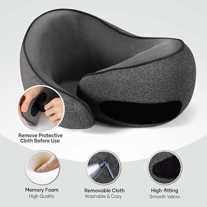 NOCRLG Travel Pillow, Travel Neck Pillow for Airplanes Car, 100% Pure Memory Foam Travel Pillow, Sleeping Essentials for Long Flight 360° Head Support Degree Comfort and Breathability (Dark Grey)