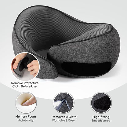 NOCRLG Travel Pillow, Travel Neck Pillow for Airplanes Car, 100% Pure Memory Foam Travel Pillow, Sleeping Essentials for Long Flight 360° Head Support Degree Comfort and Breathability (Dark Grey)