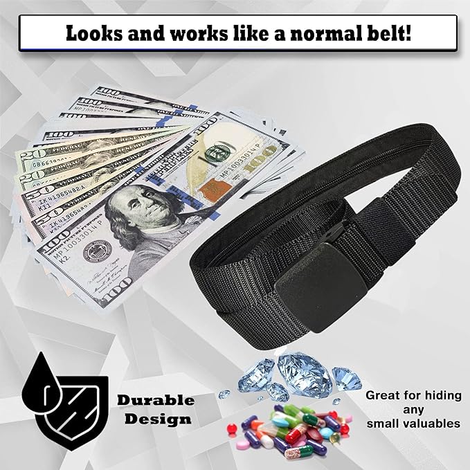 Security Money Belt with Hidden Money Pocket - Nylon Tactical Belt for Men & Women with Nonmetallic Buckle - Security Money Belt for Valuables, Cash, Passport - Cashsafe Anti-Theft Wallet, Large