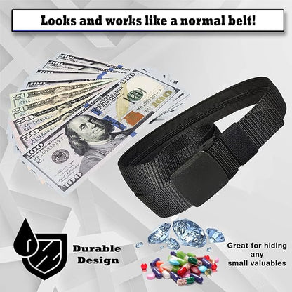 Security Money Belt with Hidden Money Pocket - Nylon Tactical Belt for Men & Women with Nonmetallic Buckle - Security Money Belt for Valuables, Cash, Passport - Cashsafe Anti-Theft Wallet, Large