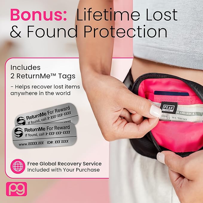 Peak Gear Women’s Money Belt - Hidden Travel Waist Pouch for Women | RFID Blocking, Slim Under-Clothes Passport Holder with PeakCharm Jewelry Pocket + 2 ReturnMe™ Recovery Tags