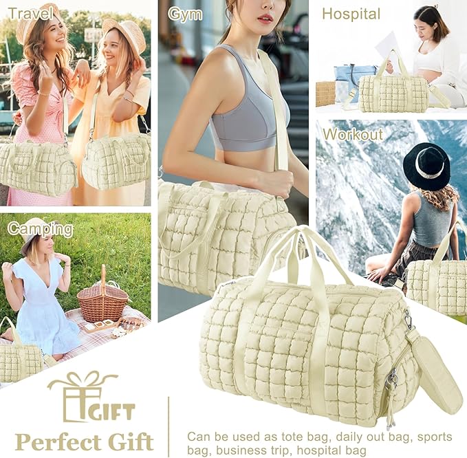 Quilted Travel Duffle Bag Gym Bag for Women,Large Puffer Duffle Weekender Bag with Compartment,Workout Overnight Carry on Organizer Bag Duffle Bag for Airplane Travel(L-Off-white)