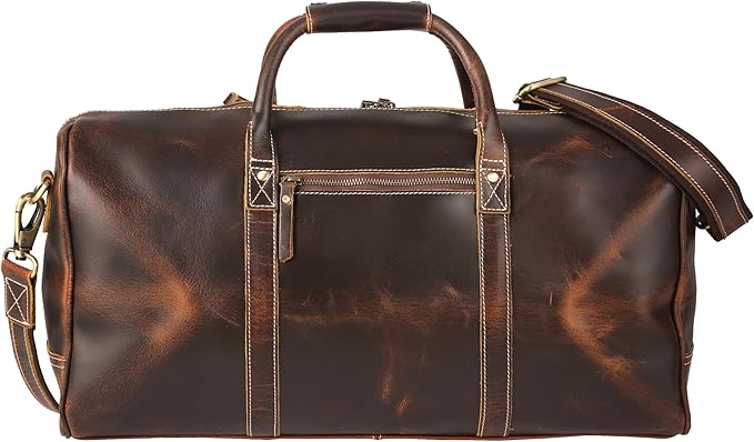 KomalC Leather Duffel Bags for Men and Women, Full Grain Buffalo Leather, Dark Tan, 20 Inch