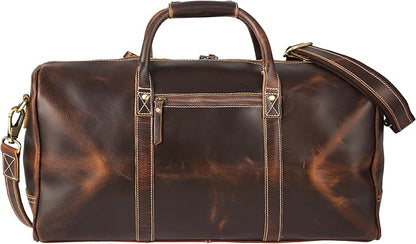 KomalC Leather Duffel Bags for Men and Women, Full Grain Buffalo Leather, Dark Tan, 20 Inch