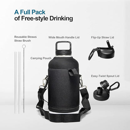 64 oz Water Bottle Insulated with Straw&3 Lids, Coolflask Half Gallon Water Jug Galaxy Large Metal Stainless Steel Vacuum Flask for Gym, Sports, Keep Cold 48H Hot 24H, Glacier Blue