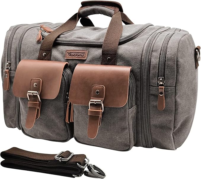 Wildroad 60L Travel Duffel Bag, Expandable Canvas Genuine Leather Duffle Bag Upgraded Overnight Weekender Bag Carry on Bag