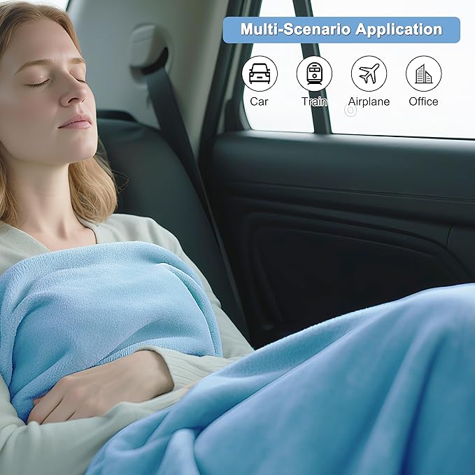 2-in-1 Convertible Travel Blanket & Pillow-Ultra Soft, Compact & Packable with Hand Luggage Sleeve and Backpack Clip for Flight & Car,Light Blue