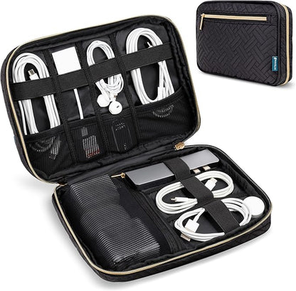 Pavilia Tech Organizer Case - Electronic & Cable Organizer, Small Charger Pouch, Black Quilted Travel Accessory