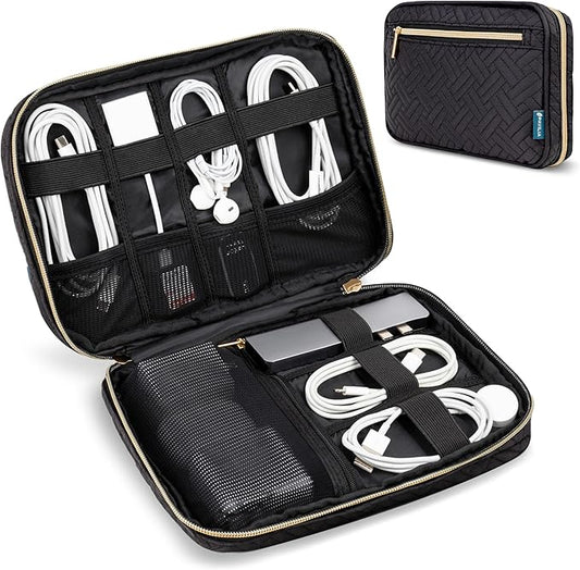 Pavilia Tech Organizer Case - Electronic & Cable Organizer, Small Charger Pouch, Black Quilted Travel Accessory