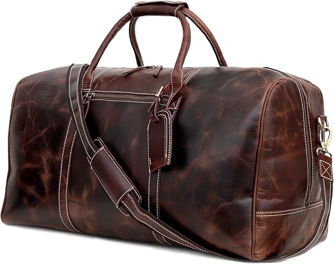 21 Inch Genuine Buffalo Leather Travel Duffle Bag | Overnight Weekend Leather Bag | Sports Gym Duffel for Men| Airplane Under Seat Carry on Bags (brown)