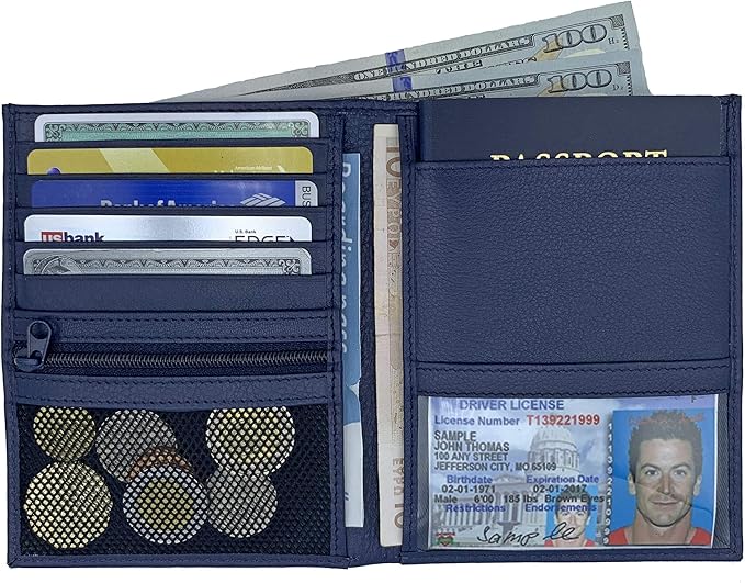 Blue RFID Genuine Leather Passport Wallet