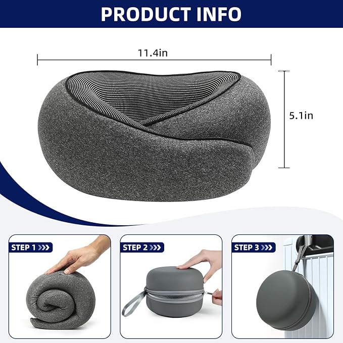 Travel Pillow for Airplane Portable Memory Foam Neck Pillows Adjustable for Car Home Office Flights Travel Essentials Accessories 360° Neck Support with Compact Case, Dark Gray