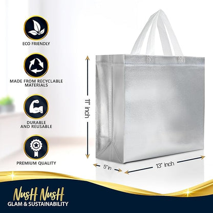 Nush Nush Silver Gift Bags Large Size – Set of 60 Reusable Silver Gift Bags With Handles- Metallic Party Favors Bags In Bulk For Small Business Use In Gifting Events, Christmas, Birthdays - 13Wx5Dx11H