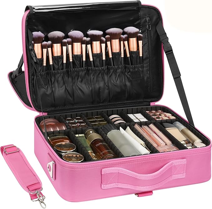Relavel Makeup Case Large Makeup Bag Professional Train Case Travel Cosmetic Organizer Brush Holder Waterproof Makeup Artist Storage Box, 3 Layer Large Capacity, with Adjustable Strap, Rose Pink