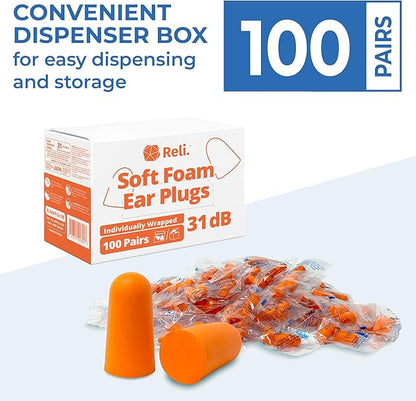 Reli. Foam Ear Plugs (100 Pairs Bulk), Individually Wrapped | 31 dB NRR | Disposable Foam Ear Plugs for Sleeping Noise Cancelling | Blocks Loud Noises for Snoring, Concerts, Travel (Peach)