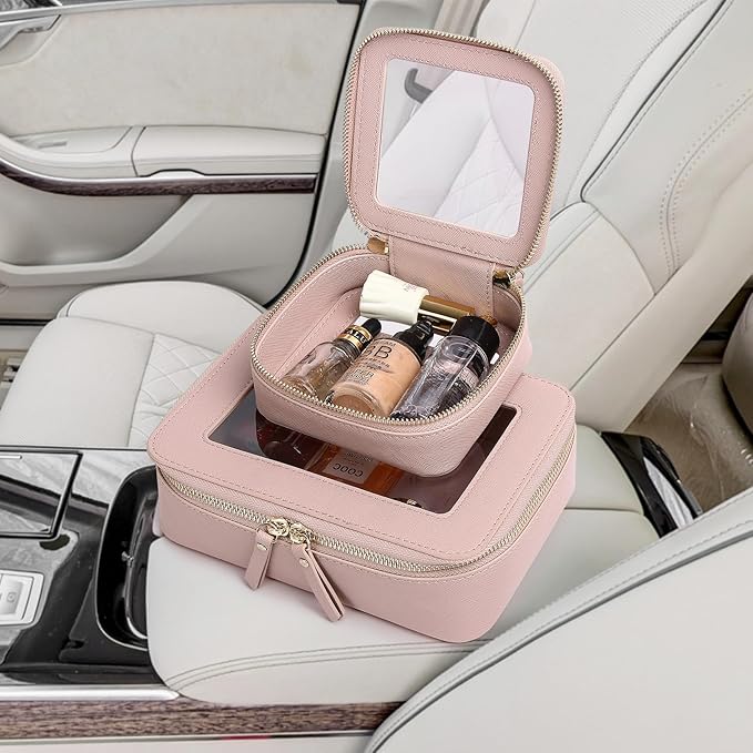 Pinkmik Clear Makeup Bag Waterproof Travel Case for Cosmetics and Toiletries Women's Purse Organizer and Clear Car Bag with Zipper (Pink, M+MINI)