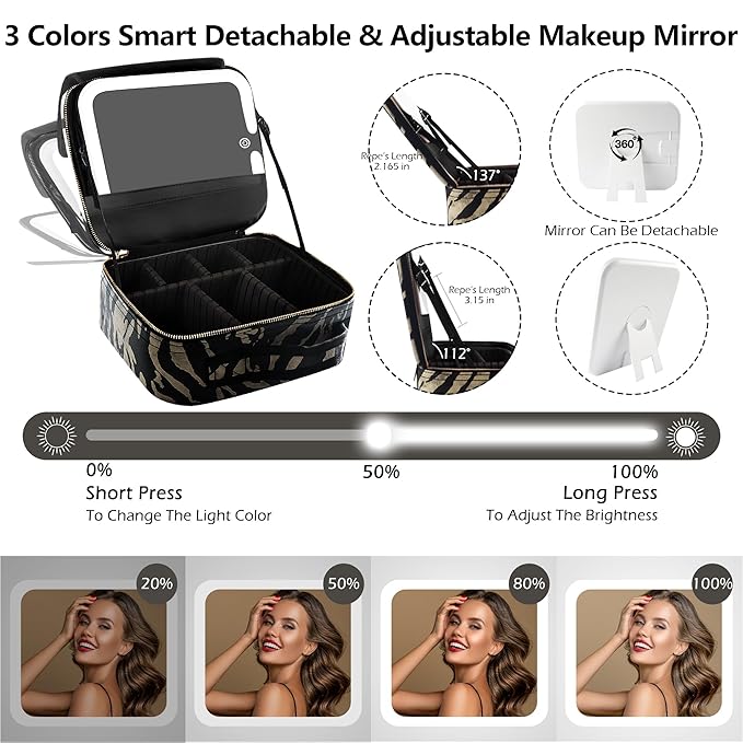 MOMIRA Travel Makeup Bag Cosmetic Bag with Lighted Mirror, Adjustable Brightness in 3 Color Scenarios, Waterproof, 10x Magnifying Mirror, Rotatable Independent Light Mirror- Zebra-Beige