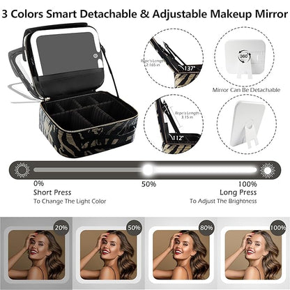 MOMIRA Travel Makeup Bag Cosmetic Bag with Lighted Mirror, Adjustable Brightness in 3 Color Scenarios, Waterproof, 10x Magnifying Mirror, Rotatable Independent Light Mirror- Zebra-Beige