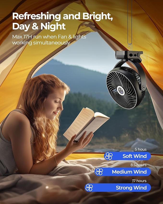 xasla 10000mAh Portable Clip On Fan With Light, 8 Inch Rechargeable Battery Operated Fan, 24H Long-last, Quiet Personal Camping Fan Digital Display, 3 Speed, 360° Rotate, for Gym Outdoor Travel