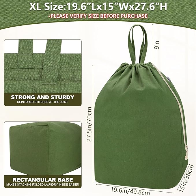 Canvas Laundry Bags with Handles & Rectangular Base, 90L Extra Large Heavy Duty Laundry Basket Hamper Liner Replacement, Washable Cotton Drawstring Dirty Clothes Bag (Army Green)