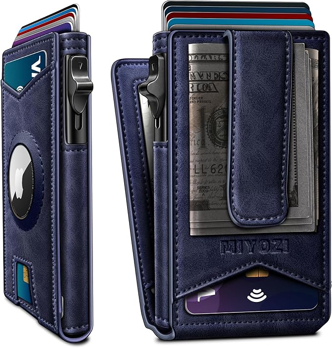 Airtag Wallet for Men,with Money Clip Gift Boxed,Slim Front Pocket Wallet RFID Blocking Metal Case Smart Pop-up Credit Card Holder in Magnetic Leather Flip