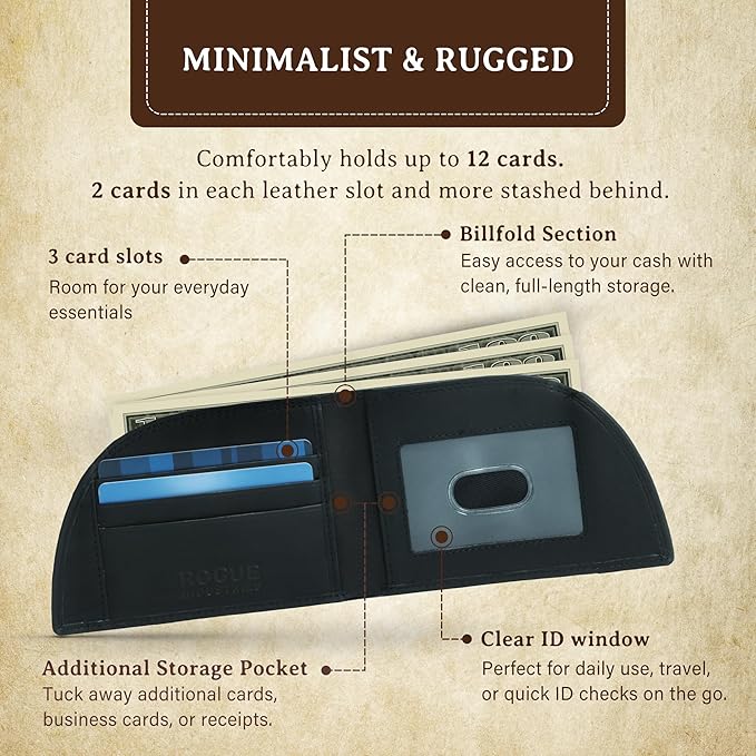 ROGUE WALLET Genuine Bison Leather Wallets for Men - RFID Blocking Curved Men's Front Pocket Wallet w/ 3 Card Slots, Plastic ID Slot, Full Billfold Section & More - Slim Wallets for Men (Black)