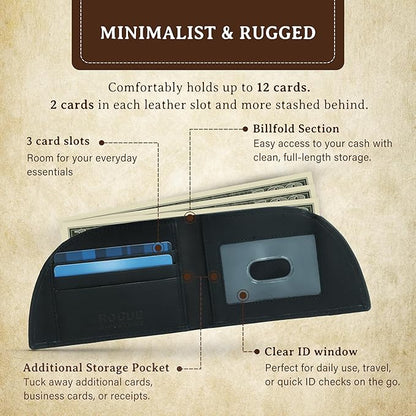 ROGUE WALLET Genuine Bison Leather Wallets for Men - RFID Blocking Curved Men's Front Pocket Wallet w/ 3 Card Slots, Plastic ID Slot, Full Billfold Section & More - Slim Wallets for Men (Black)