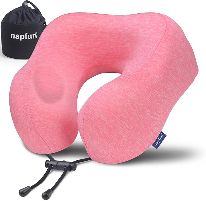 napfun Neck Pillow for Traveling, Upgraded Travel Neck Pillow for Airplane 100% Pure Memory Foam Travel Pillow for Flight Headrest Sleep, Portable Plane Accessories, Simple Sets (Optional), Full Rose