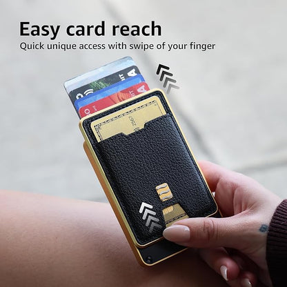 RFID Blocking Wallet, Minimalist Card Holder with Quick Access, Holds 1 to 12 Cards & Cash, Vegan Leather & Brushed Aluminum, Gift-Ready Packaging (Black & Gold)