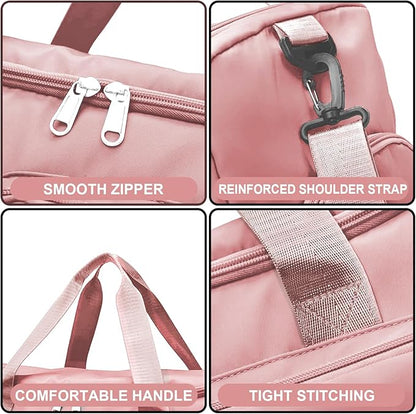 Gym Bag for Women Men, Travel Duffle Bag Large Capacity Carry On Weekender Bag With Shoe Compartment Gym Tote Dry Wet Separation Duffel Bag with Makeup Bag, Pink
