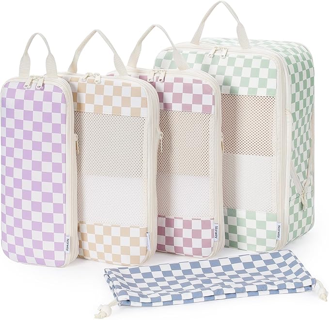 Narwey 5 Set Compression Packing Cubes for Travel, Luggage Packing Organizer Bags for Carry on Suitcase, Expandable Checkered Storage Bags with Laundry & Handle (Combined Checkered)