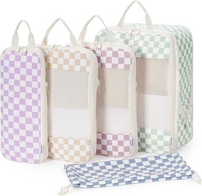 Narwey 5 Set Compression Packing Cubes for Travel, Luggage Packing Organizer Bags for Carry on Suitcase, Expandable Checkered Storage Bags with Laundry & Handle (Combined Checkered)