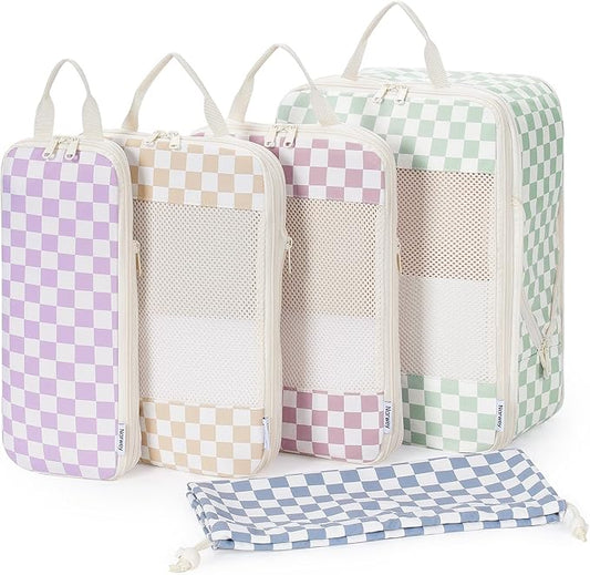 Narwey 5 Set Compression Packing Cubes for Travel, Luggage Packing Organizer Bags for Carry on Suitcase, Expandable Checkered Storage Bags with Laundry & Handle (Combined Checkered)