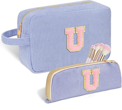 Personalized Initial Makeup Bag Trendy Stuff Corduroy Cosmetic Bag Travel Toiletry Bag, Christmas/Thanksgiving/Halloween Gifts Makeup Organizer Case for Women Girls Mom Girlfriend Wife - Blue