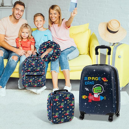 Goplus 5 Piece Kid’s Luggage Set, 16” Carry on Suitcase w/13” Backpack, Neck Pillow, Hardside Spinner Toddler Luggage, Travel Rolling Suitcase for Boys Girls Gifts (Navy, Space Dino)
