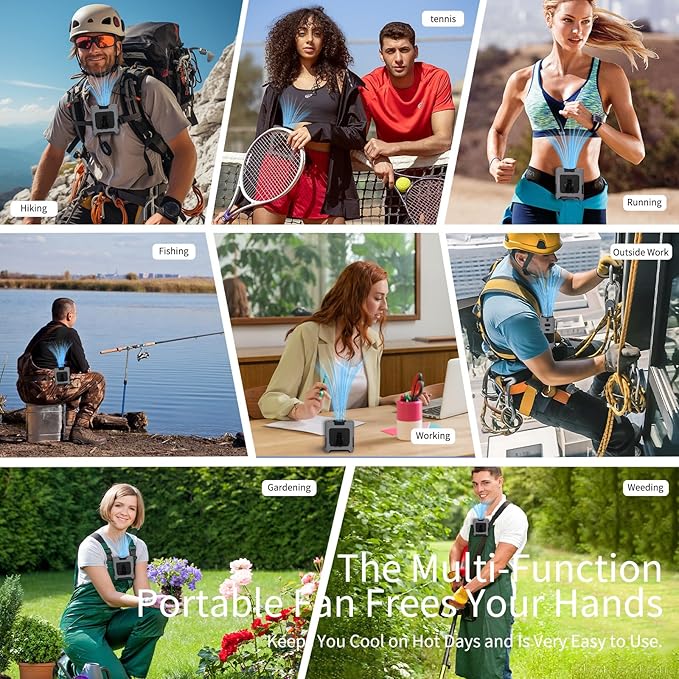 Portable Fan Wearable Personal Fan with 5 Speed Max 55 Working Hours Low Noise Portable Neck Fans Cooling Waist Fans for Camping Traveling LED Power Display 10000mAh Rechargeable (Gray)