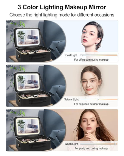 Relavel Travel Makeup Bag With LED Mirror, 16.2" Large Makeup Train Case, 3 Color Scenarios Adjustable Brightness, Waterproof Makeup Train Case Organizer with DIY Dividers for Makeup Artist, Black
