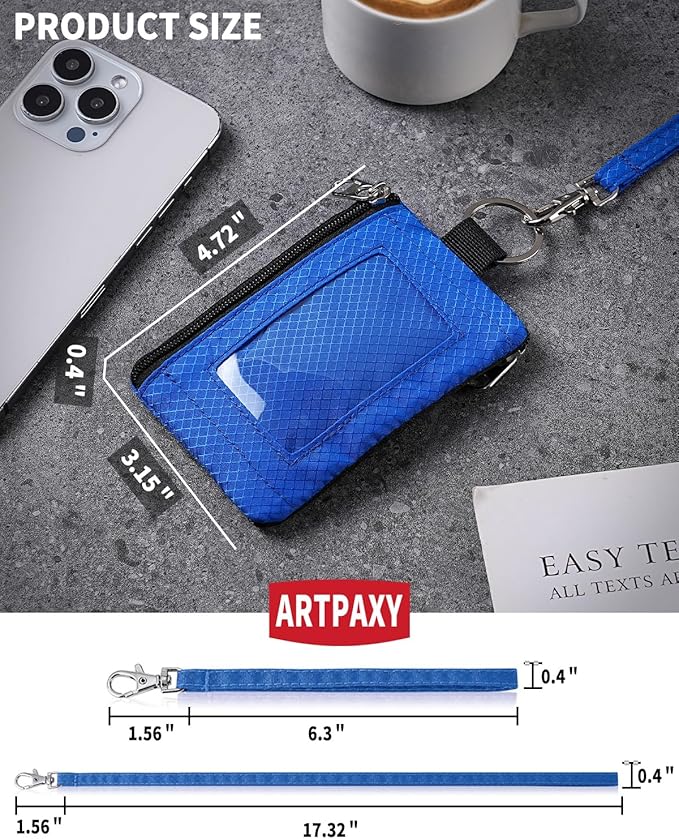 Minimalist Wallet For Mens Womens, Keychain RFID Blocking Zipper Small Wallet with ID Window 2 Lanyards,Water Resistant Travel Cash Card Coin Case Boys Girls