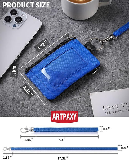 Minimalist Wallet For Mens Womens, Keychain RFID Blocking Zipper Small Wallet with ID Window 2 Lanyards,Water Resistant Travel Cash Card Coin Case Boys Girls