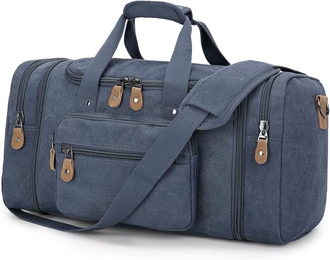 Gonex Canvas Duffle Bag for Travel 50L Expandable Duffel Weekend Overnight Bag (Denim Blue)