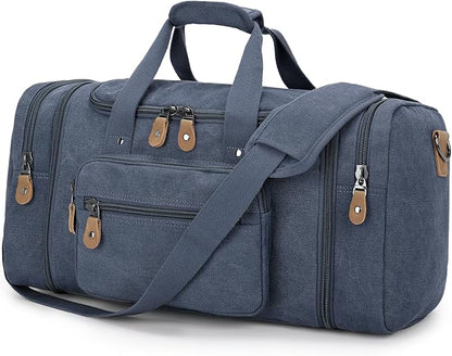 Gonex Canvas Duffle Bag for Travel 60L Expandable Duffel Weekend Overnight Bag men (Denim Blue)